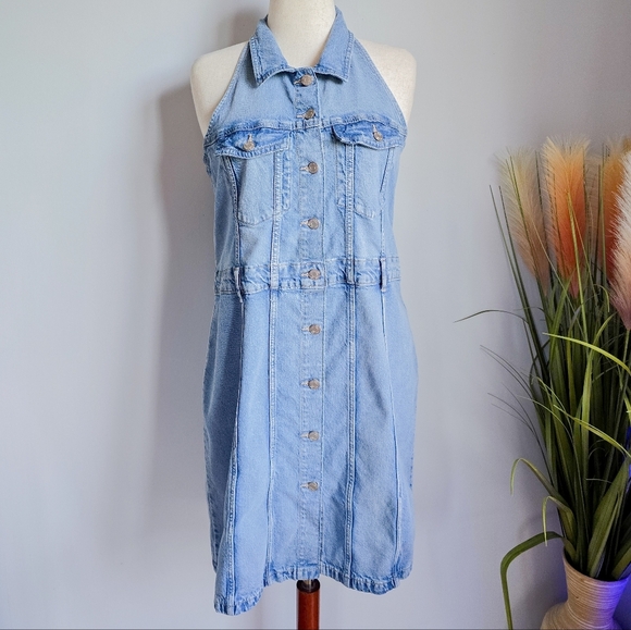 GAP, Button Front Denim Halter Medium Wash Blue Washwell Jean Dress, Size 18 - Picture 2 of 10